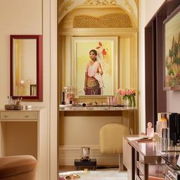 An elegantly decorated room featuring a large, eye-catching painting, a sophisticated almirah, and a well-equipped makeup spot.