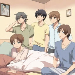 A high-quality, anime-style image portrays four male friends, aged between 20 and 30, in a spacious bedroom setting