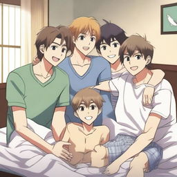 A high-quality, anime-style image portrays four male friends, aged between 20 and 30, in a spacious bedroom setting