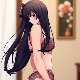A side angle view of Nezuko, a character from Demon Slayer, wearing elegant and stylish lingerie