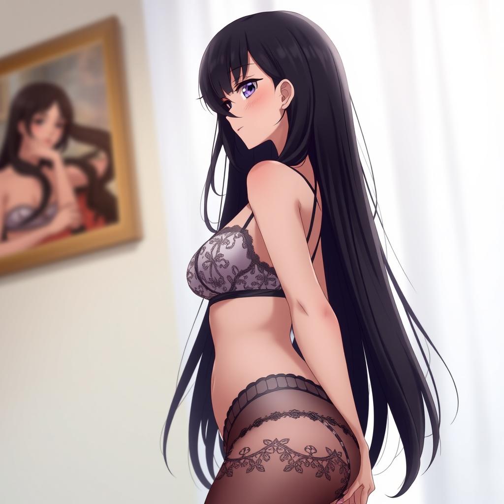 A side angle view of Nezuko, a character from Demon Slayer, wearing elegant and stylish lingerie