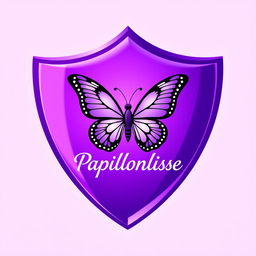 A striking shield in vibrant purple, prominently featuring a beautifully designed butterfly at its center