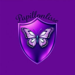 A striking shield in vibrant purple, prominently featuring a beautifully designed butterfly at its center