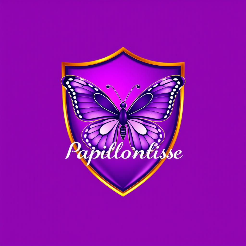 A striking shield in vibrant purple, prominently featuring a beautifully designed butterfly at its center