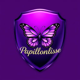 A striking shield in vibrant purple, prominently featuring a beautifully designed butterfly at its center