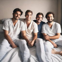 This is a high-quality, realistic digital art image of exactly four male friends, aged between 20 and 30, in a bedroom setting