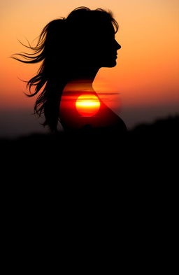 A striking silhouette of a woman, with the full figure filled with a vibrant sunset scene