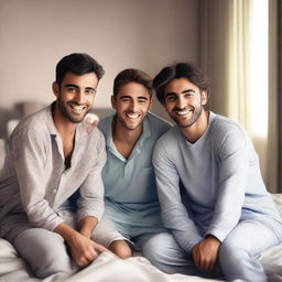 This is a high-quality, realistic digital art image of exactly four male friends, aged between 20 and 30, in a bedroom setting