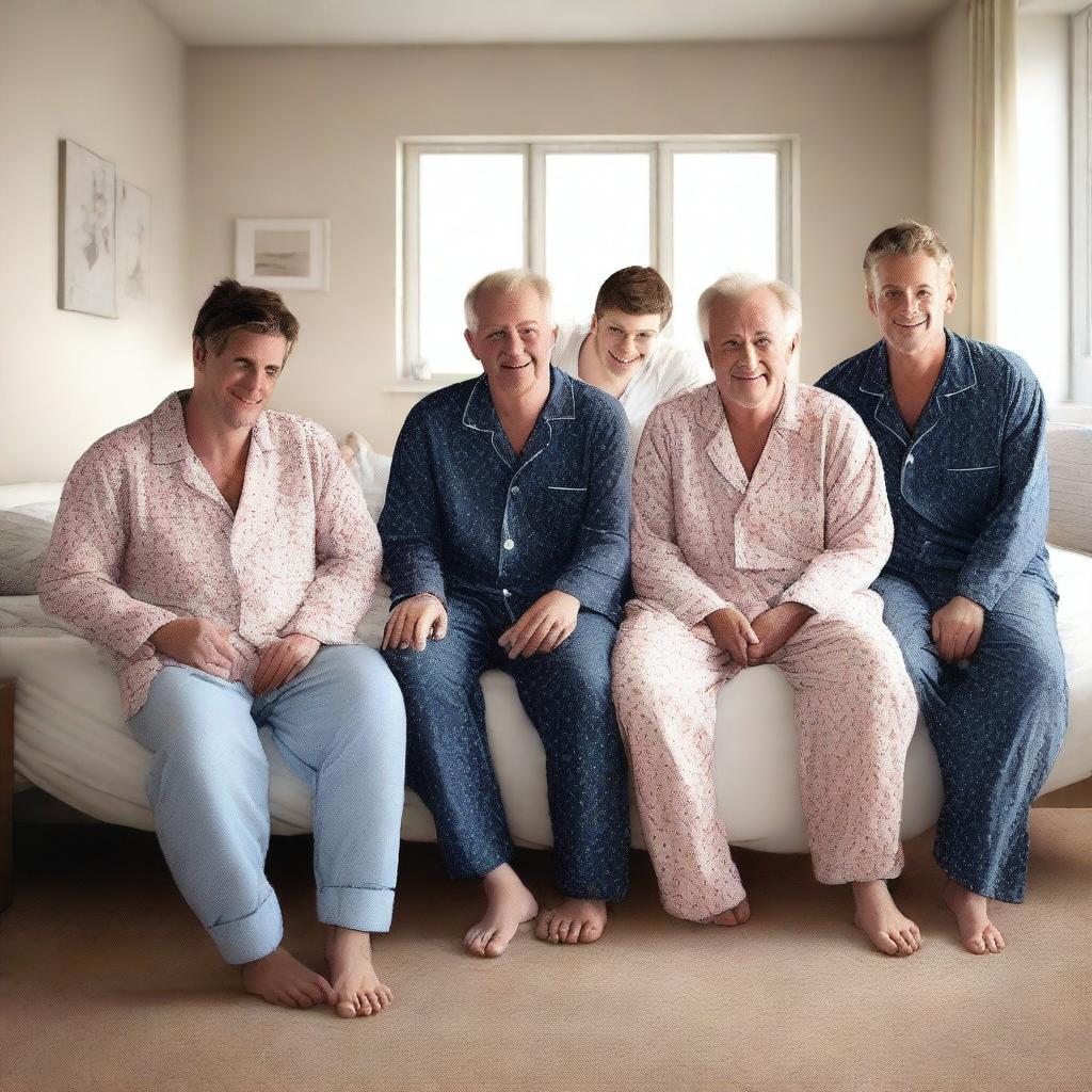 A high-quality, realistic digital art image vividly presents exactly four male friends, aged between 20 and 30, in a spacious bedroom setting