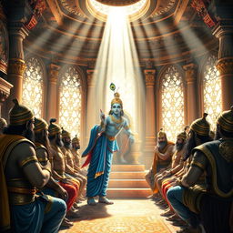 A divine scene depicting Lord Krishna imparting wisdom to the Pandavas in the grand Raj Sabha of Hastinapura