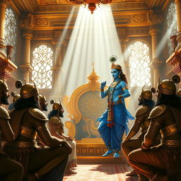 A divine scene depicting Lord Krishna imparting wisdom to the Pandavas in the grand Raj Sabha of Hastinapura