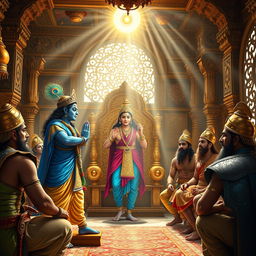 A divine scene depicting Lord Krishna imparting wisdom to the Pandavas in the grand Raj Sabha of Hastinapura