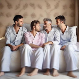 A high-quality, realistic digital art image vividly presents exactly four male friends, aged between 20 and 30, in a spacious bedroom setting