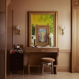 An elegantly decorated room featuring a large, eye-catching painting, a sophisticated almirah, and a well-equipped makeup spot.