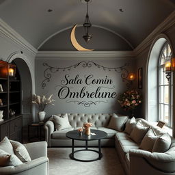An enchanting common room for 'Ombrelune' at Beauxbatons, designed with a serene and elegant ambiance