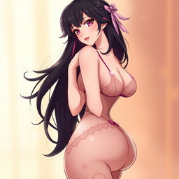 A side angle view of a character inspired by Nezuko Kamado from Demon Slayer, depicted in elegant and delicate lingerie