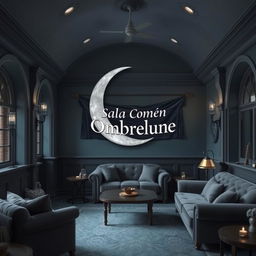 An enchanting common room for 'Ombrelune' at Beauxbatons, featuring a large, beautifully detailed crescent moon prominently displayed in the center of the room