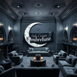 An enchanting common room for 'Ombrelune' at Beauxbatons, featuring a large, beautifully detailed crescent moon prominently displayed in the center of the room
