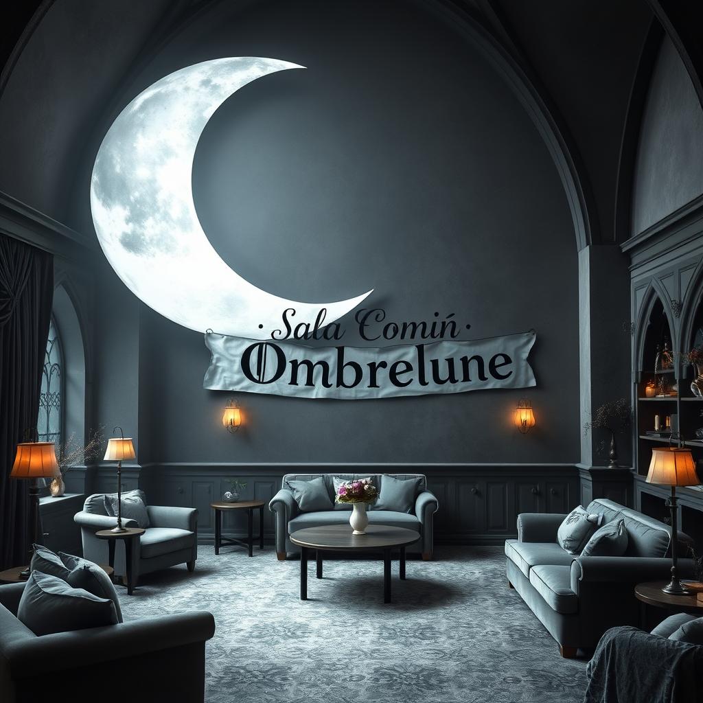 An enchanting common room for 'Ombrelune' at Beauxbatons, featuring a large, beautifully detailed crescent moon prominently displayed in the center of the room