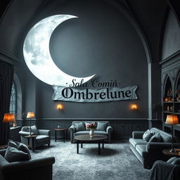 An enchanting common room for 'Ombrelune' at Beauxbatons, featuring a large, beautifully detailed crescent moon prominently displayed in the center of the room