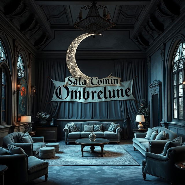 An enchanting common room for 'Ombrelune' at Beauxbatons, featuring a large, beautifully detailed crescent moon prominently displayed in the center of the room