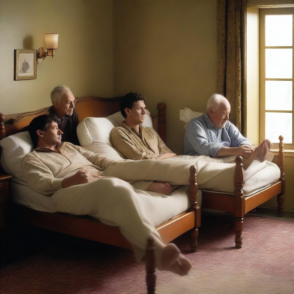 A high-quality digital image captures four males, aged between 20 and 30, each lounging on their own separate bed in a spacious bedroom setting