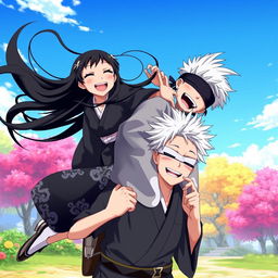 A dynamic and energetic scene featuring Nezuko Kamado from Demon Slayer anime, playfully riding on the shoulders of Satoru Gojo from Jujutsu Kaisen