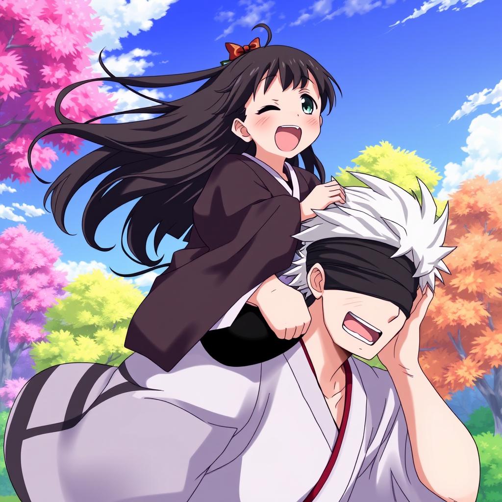 A dynamic and energetic scene featuring Nezuko Kamado from Demon Slayer anime, playfully riding on the shoulders of Satoru Gojo from Jujutsu Kaisen