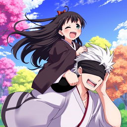 A dynamic and energetic scene featuring Nezuko Kamado from Demon Slayer anime, playfully riding on the shoulders of Satoru Gojo from Jujutsu Kaisen