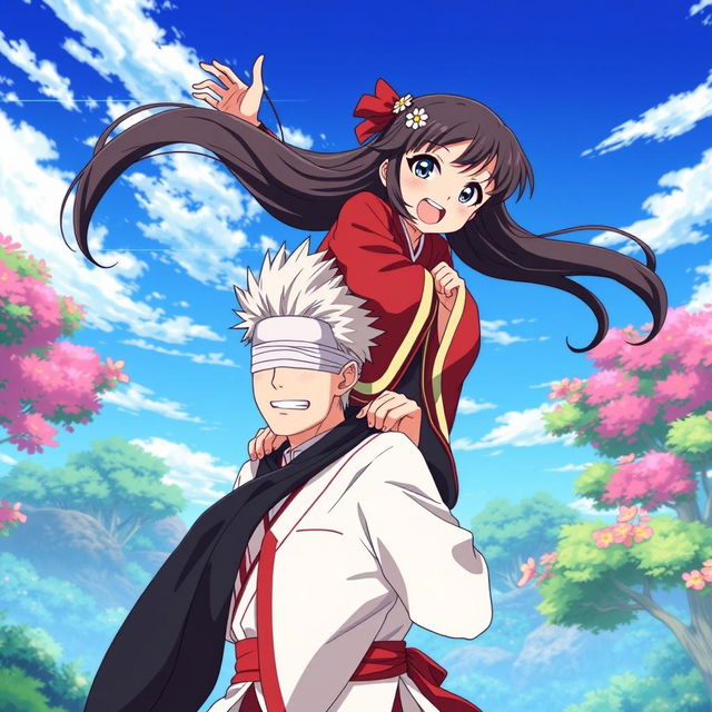 A dynamic and energetic scene featuring Nezuko Kamado from Demon Slayer anime, playfully riding on the shoulders of Satoru Gojo from Jujutsu Kaisen