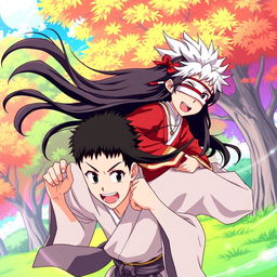 A dynamic and energetic scene featuring Nezuko Kamado from Demon Slayer anime, playfully riding on the shoulders of Satoru Gojo from Jujutsu Kaisen