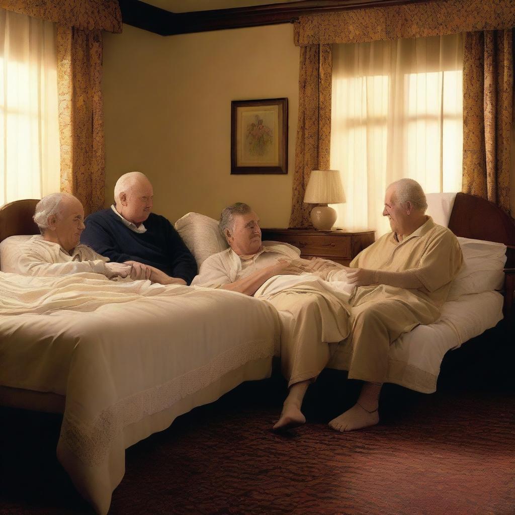 A high-quality digital image captures four males, aged between 20 and 30, each lounging on their own separate bed in a spacious bedroom setting