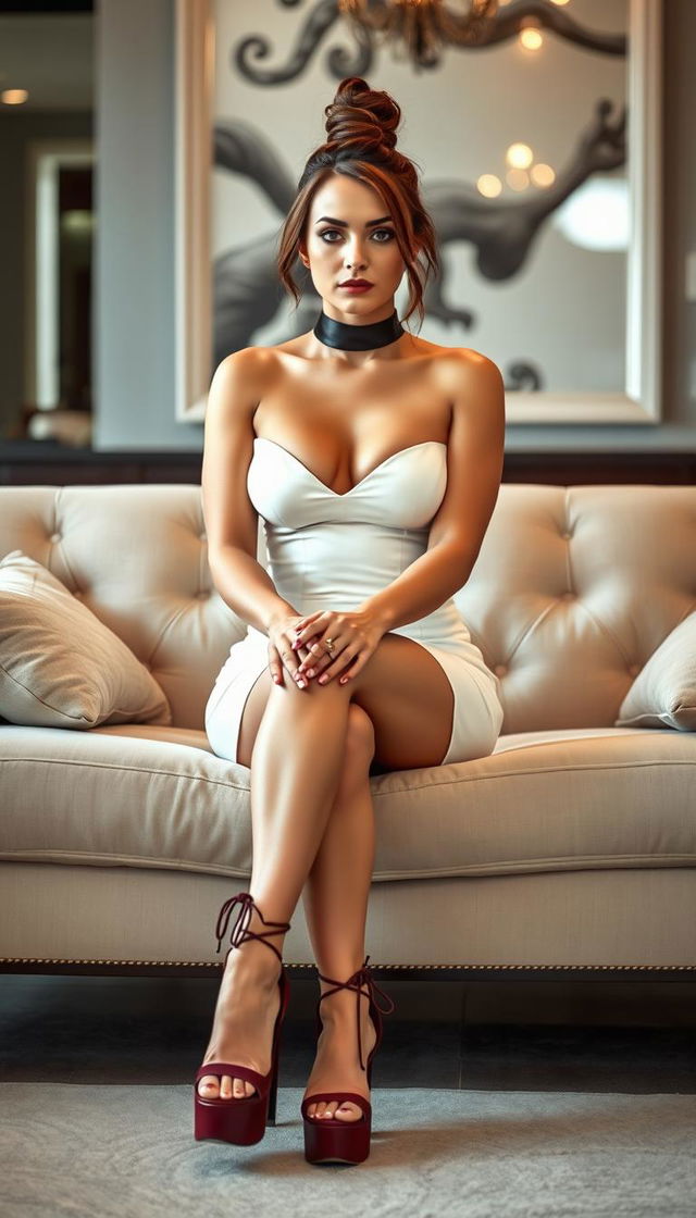 A captivating 40-year-old German MILF with a stylish brown hair bun, showcasing her curvaceous busty figure as she sits elegantly on a plush couch