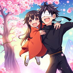 An illustrative scene featuring an energetic and playful fantasy crossover between Nezuko from Demon Slayer and Satoru Gojo from Jujutsu Kaisen