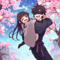 An illustrative scene featuring an energetic and playful fantasy crossover between Nezuko from Demon Slayer and Satoru Gojo from Jujutsu Kaisen