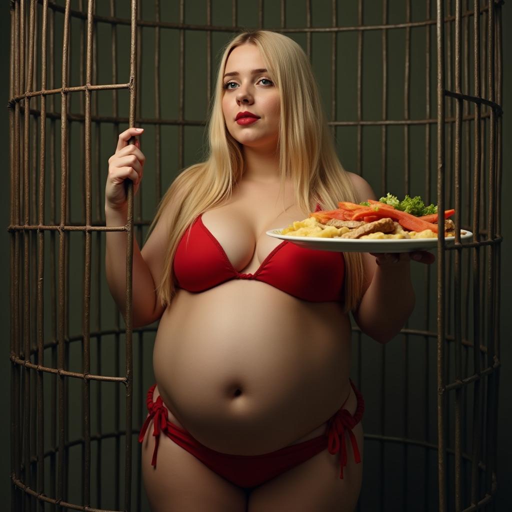 A beautiful, voluptuous young woman with a thin face and long blonde hair is standing inside a cage