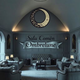 An enchanting common room for 'Ombrelune' at Beauxbatons, featuring a large, intricately designed crescent moon as the focal point of the room