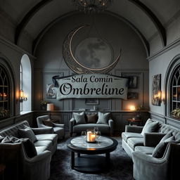 An enchanting common room for 'Ombrelune' at Beauxbatons, featuring a large, intricately designed crescent moon as the focal point of the room
