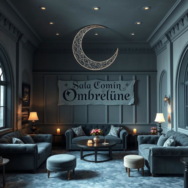 An enchanting common room for 'Ombrelune' at Beauxbatons, featuring a large, intricately designed crescent moon as the focal point of the room