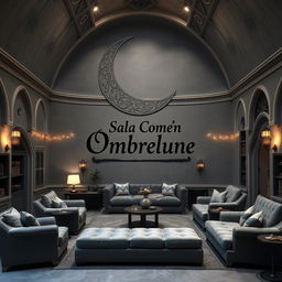 An enchanting common room for 'Ombrelune' at Beauxbatons, featuring a large, intricately designed crescent moon as the focal point of the room