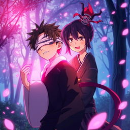 A highly stylized anime scene depicting a fictional crossover interaction between Satoru Gojo from Jujutsu Kaisen and Nezuko Kamado from Demon Slayer, emphasizing dramatic facial expressions and vibrant colors