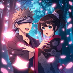 A highly stylized anime scene depicting a fictional crossover interaction between Satoru Gojo from Jujutsu Kaisen and Nezuko Kamado from Demon Slayer, emphasizing dramatic facial expressions and vibrant colors