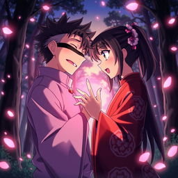 A highly stylized anime scene depicting a fictional crossover interaction between Satoru Gojo from Jujutsu Kaisen and Nezuko Kamado from Demon Slayer, emphasizing dramatic facial expressions and vibrant colors