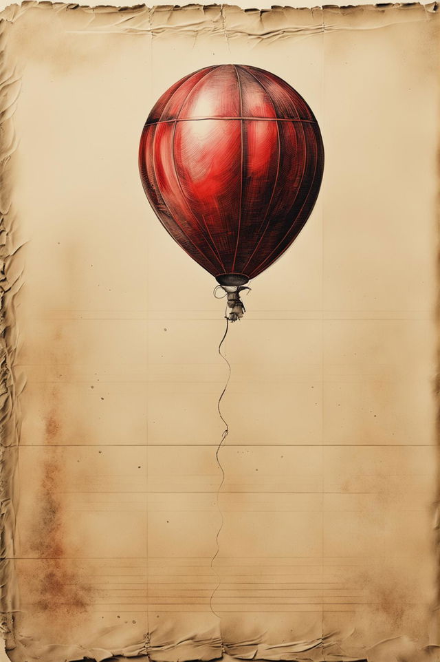 This is a high-quality ink drawing of a single, vibrant red balloon on vintage parchment