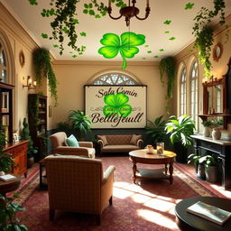 A picturesque common room for 'Bellefeuille' at Beauxbatons, featuring a vibrant green clover as a central decorative element