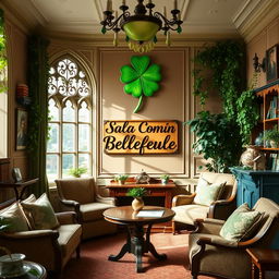 A picturesque common room for 'Bellefeuille' at Beauxbatons, featuring a vibrant green clover as a central decorative element