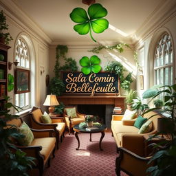A picturesque common room for 'Bellefeuille' at Beauxbatons, featuring a vibrant green clover as a central decorative element