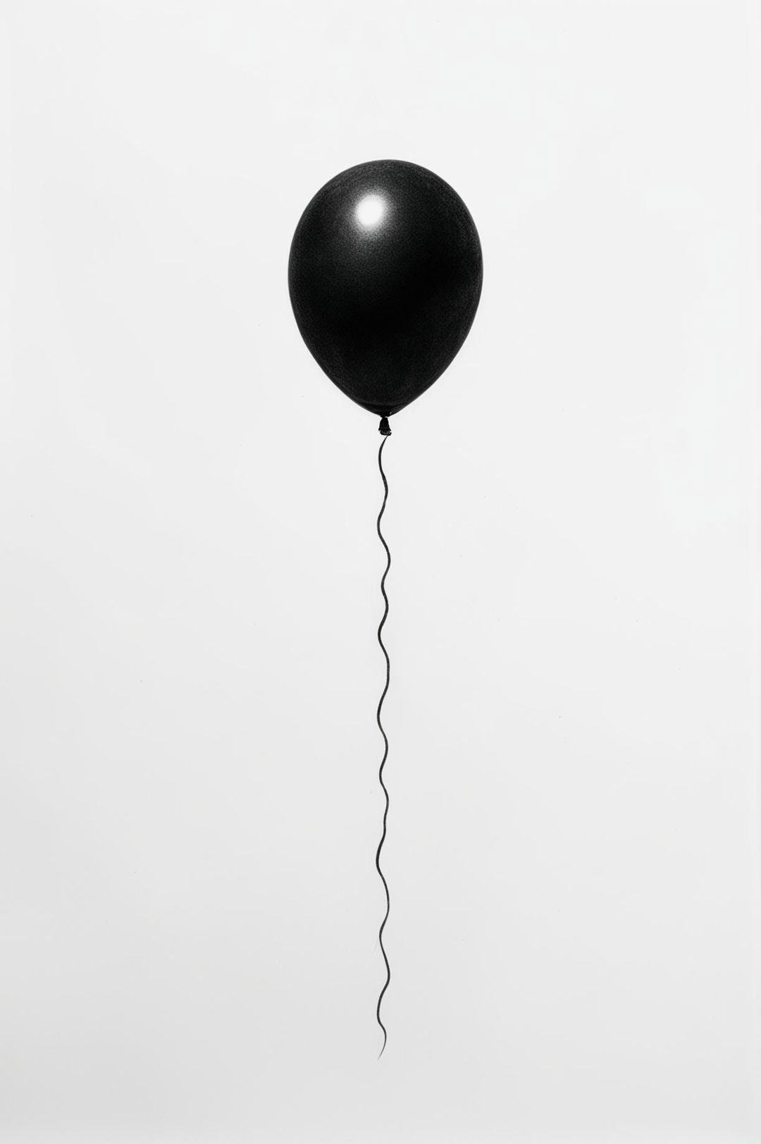 This is a simple, minimalist black and white drawing of a single, black balloon