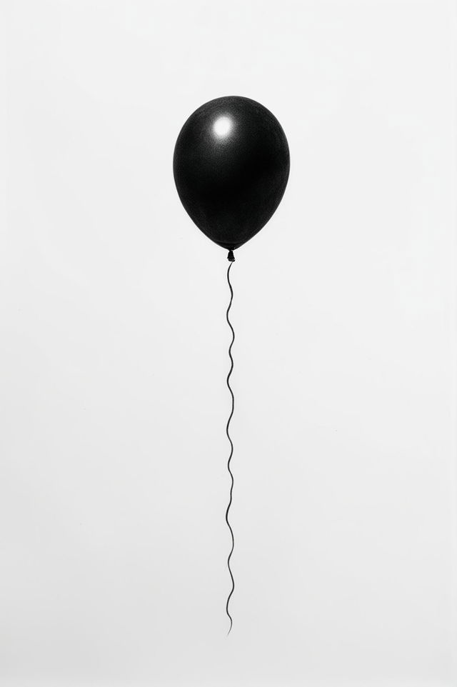 This is a simple, minimalist black and white drawing of a single, black balloon