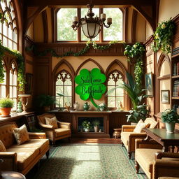 A picturesque common room for 'Bellefeuille' at Beauxbatons, featuring a vibrant green clover as a central decorative element